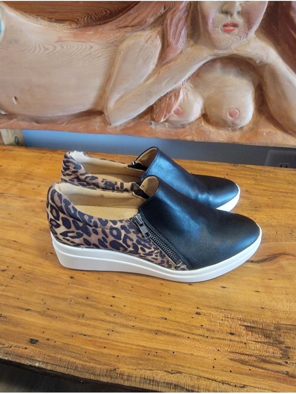 Naturalizer Black Leather Slip-On Sneakers with Leopard Print Heel